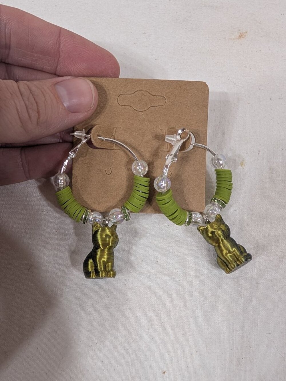 3D Metallic Green Cat Earrings